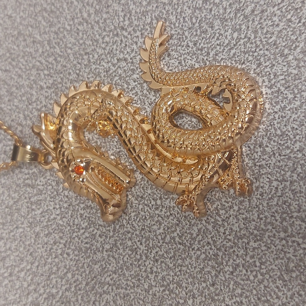 Gold Toned Red Eye Dragon Fashion Costume Long Necklace - Picture 15 of 16